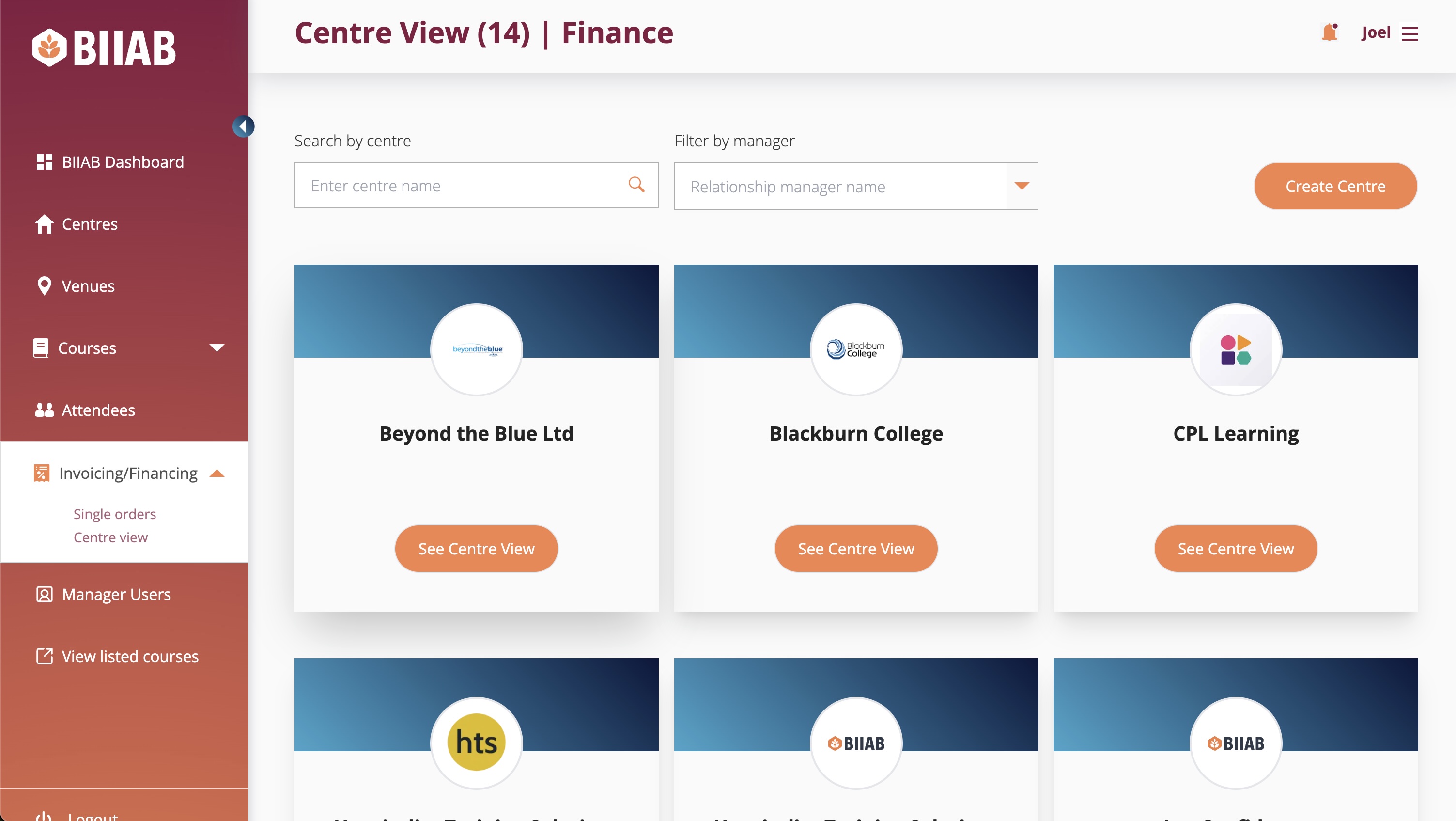 Centre overview with metrics across courses and revenue.